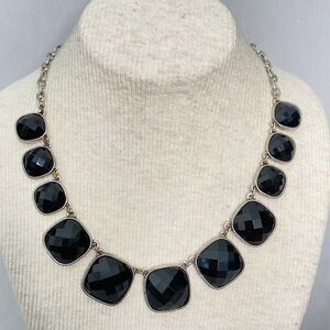 Black Stone Necklace Silver Tone Chains Bezel Setting Square Cut Facets